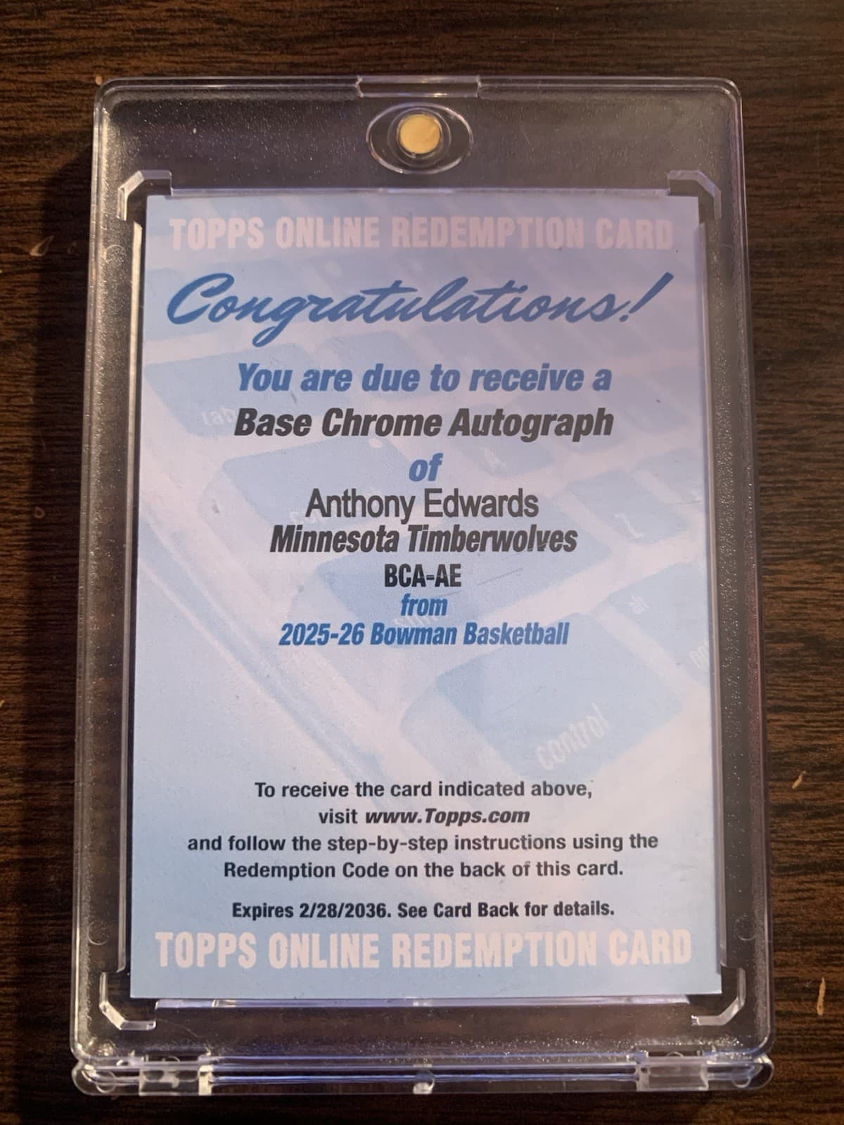 2025-26 BOWMAN BASKETBALL ANTHONY EDWARDS Base Chrome Auto Redemption Card 