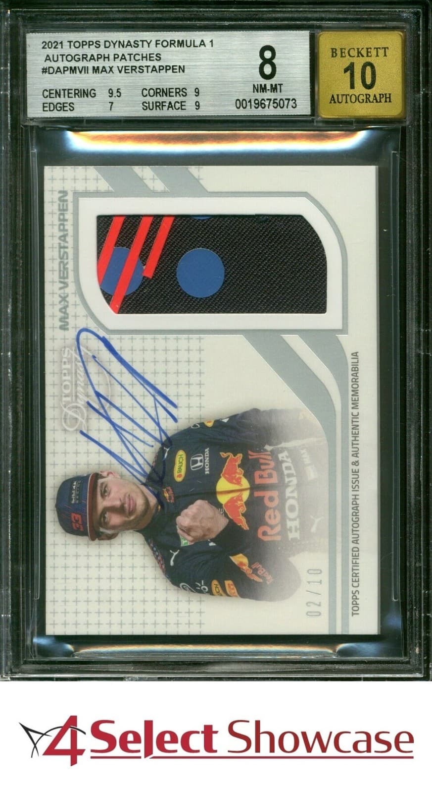 2021 TOPPS DYNASTY FORMULA 1 AUTO PATCH MAX VERSTAPPEN #/10 BGS 8 AUTO 10