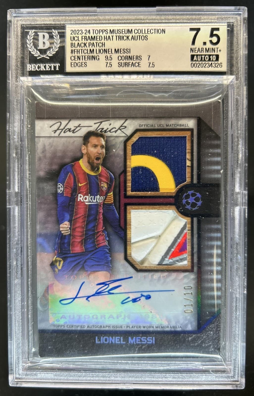 2023-24 Topps Museum Lionel Messi Framed Hat Trick Patch Auto #/10 BGS 7.5 10