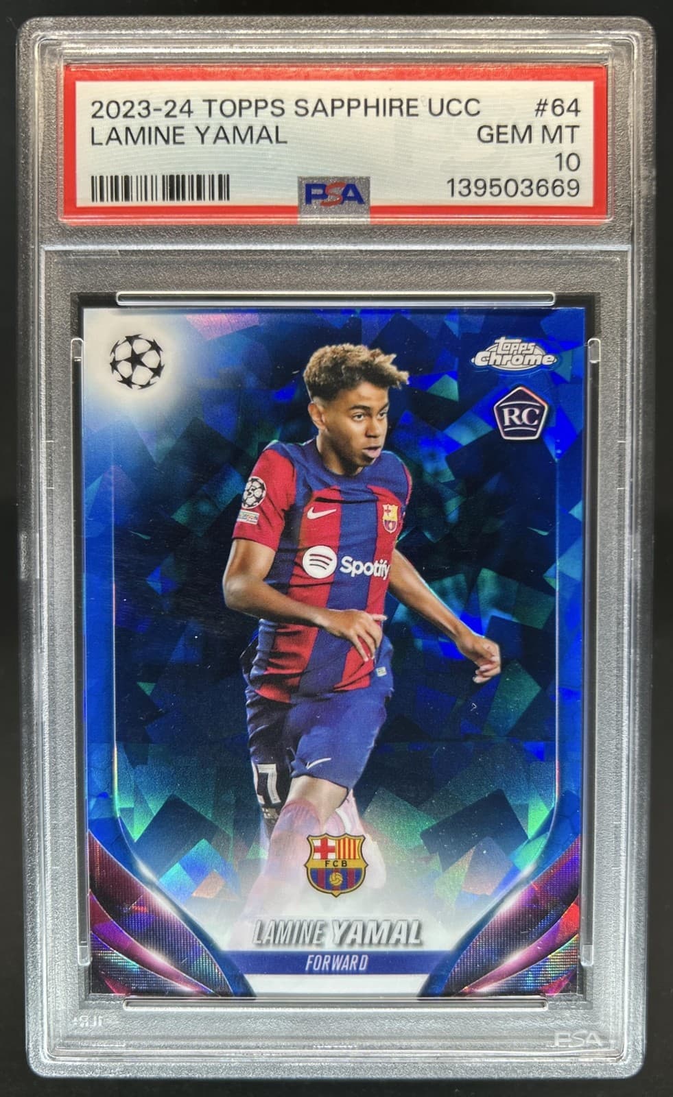 2023-24 Topps Chrome Sapphire UEFA Lamine Yamal Rookie RC #64 Barcelona PSA 10