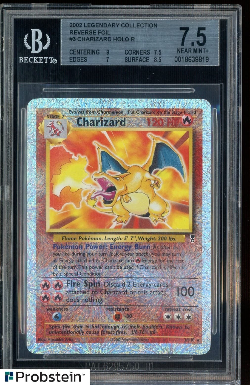 2002 Pokemon Legendary Collection #3 Charizard Reverse Holo Foil BGS 7.5 NM+