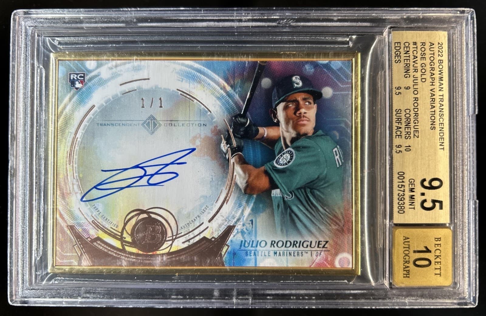 2022 Topps Transcendent Julio Rodriguez Variation Auto RC Rose Gold #1/1 BGS 9.5