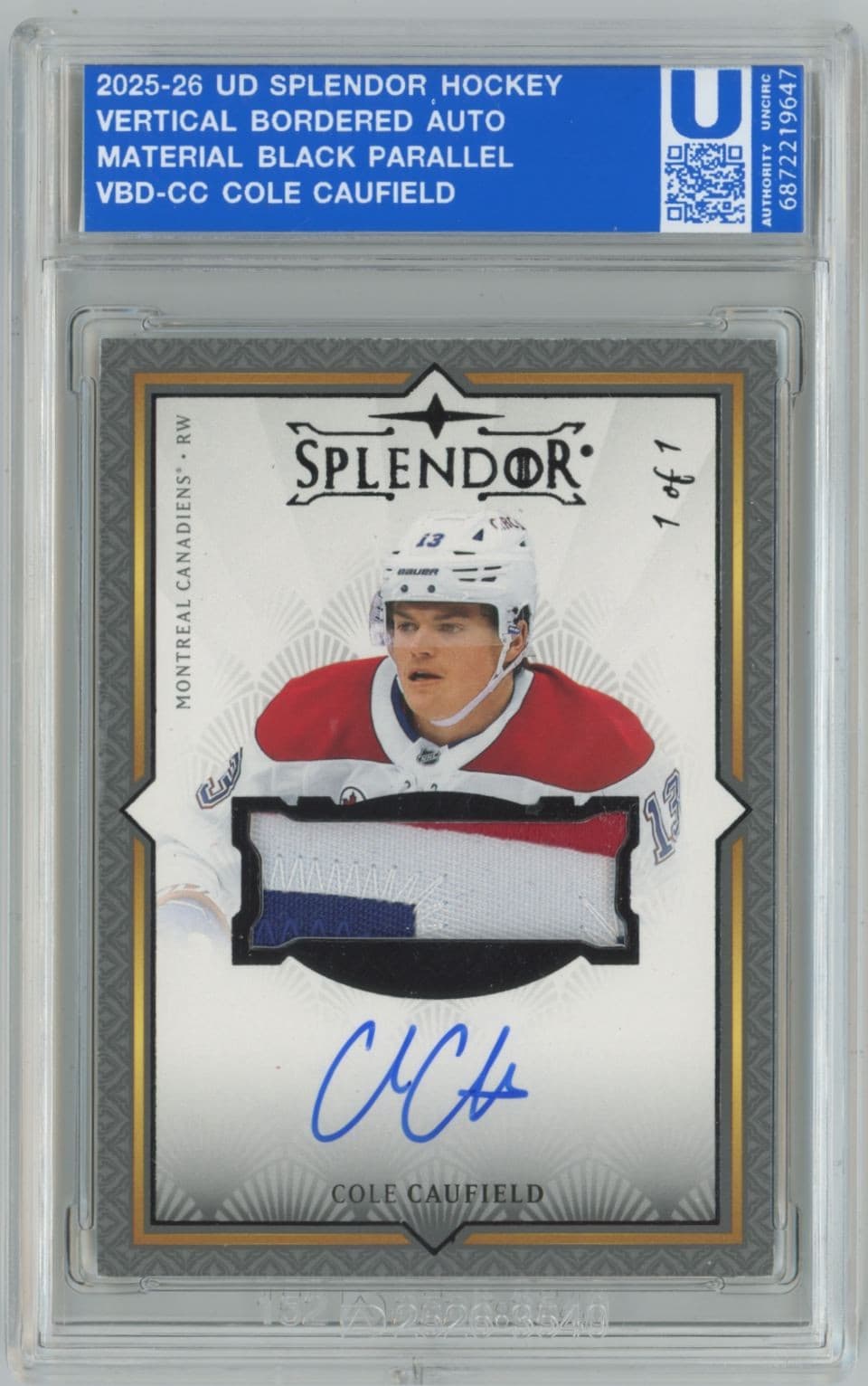 2025-26 Upper Deck Splendor Vertical Bordered Auto Patch Black 1/1 Cole Caufield