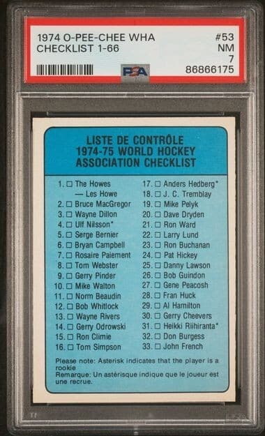 PSA 7 1974-75 O-Pee-Chee WHA Hockey #53 Checklist 1-66 Newly Graded