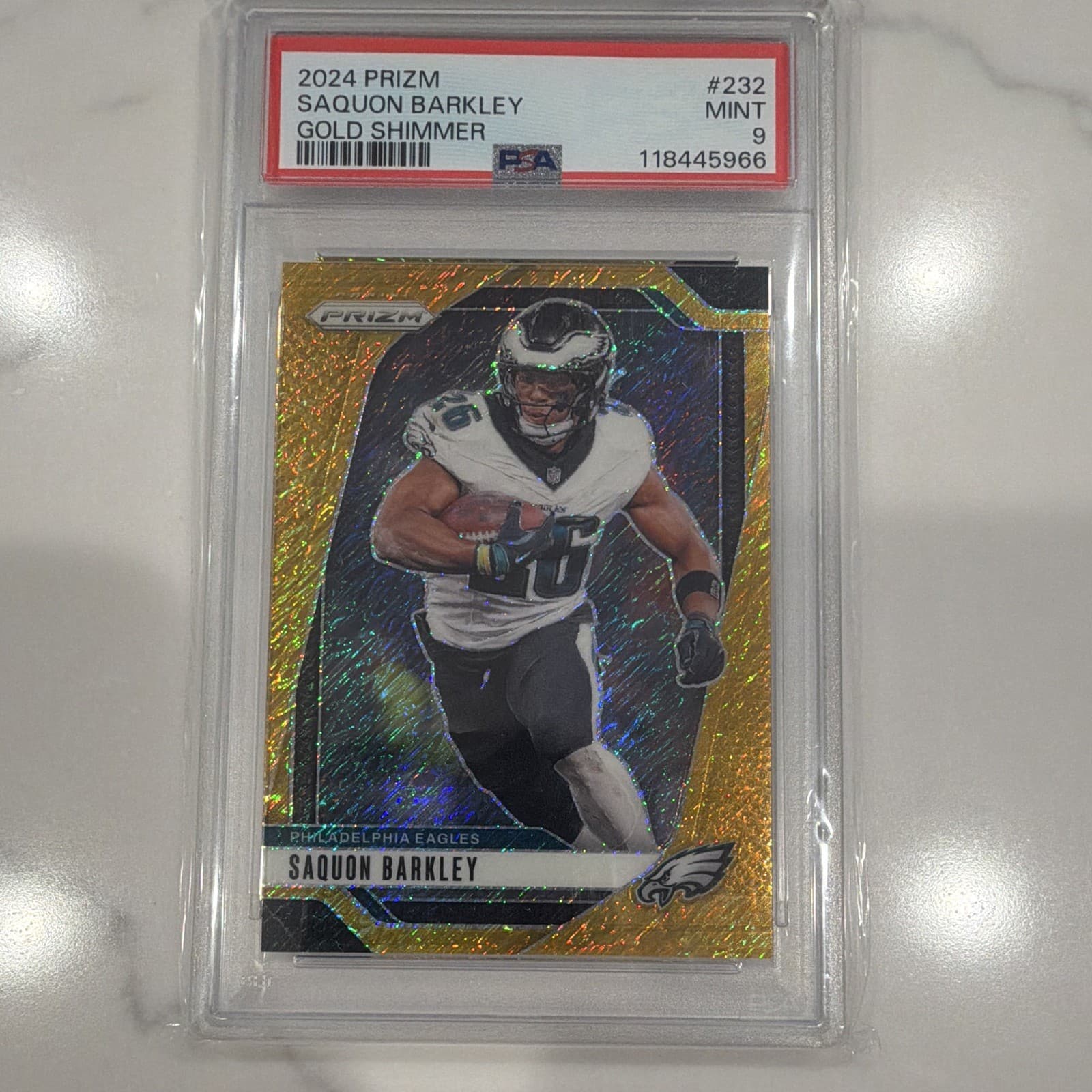 2024 Panini Prizm Saquon Barkley #232 Gold Shimmer /10 Eagles PSA 9