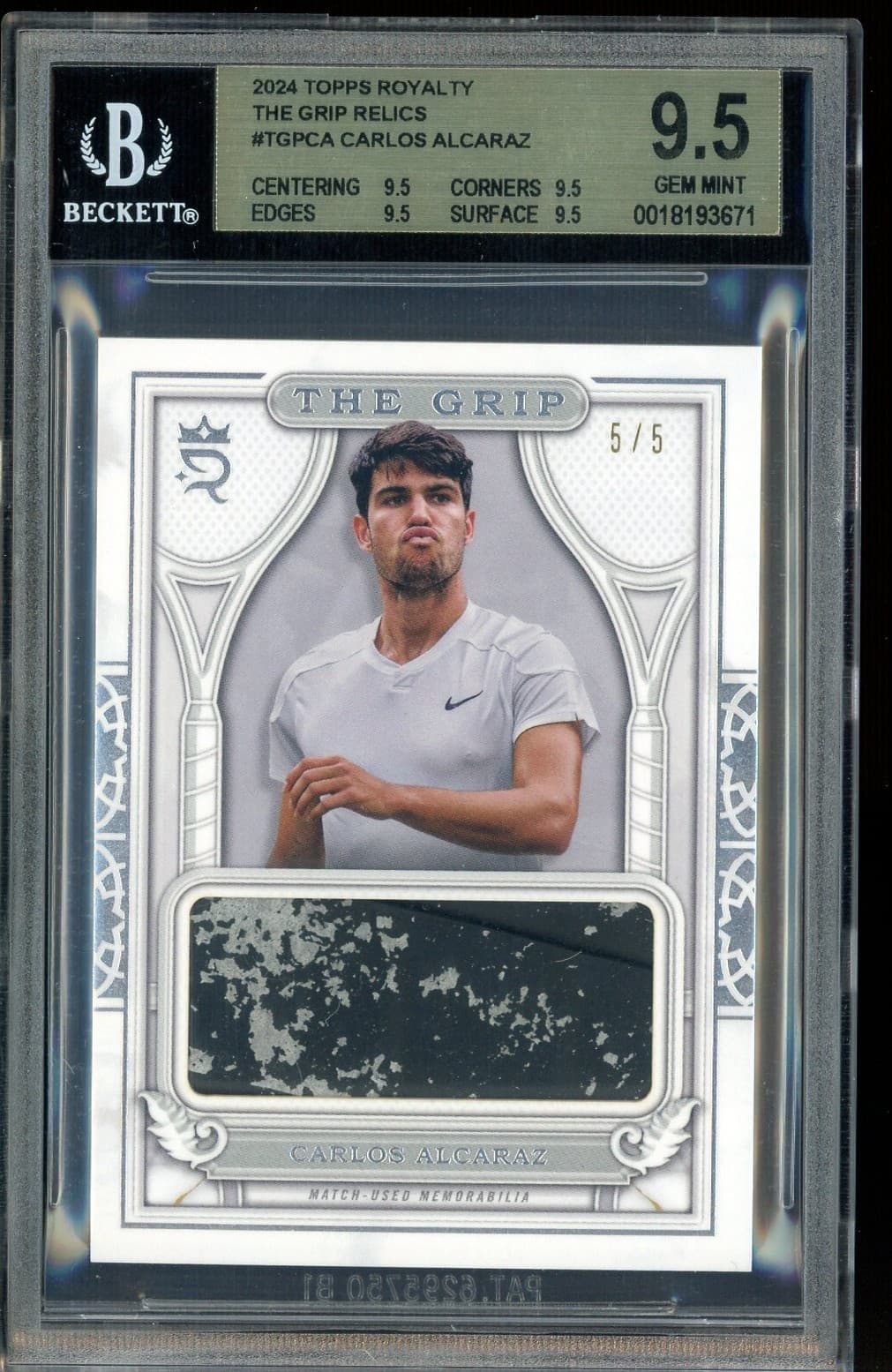2024 Topps Royalty Soccer The Grip Carlos Alcaraz Match-Used Patch 5/5 BGS 9.5