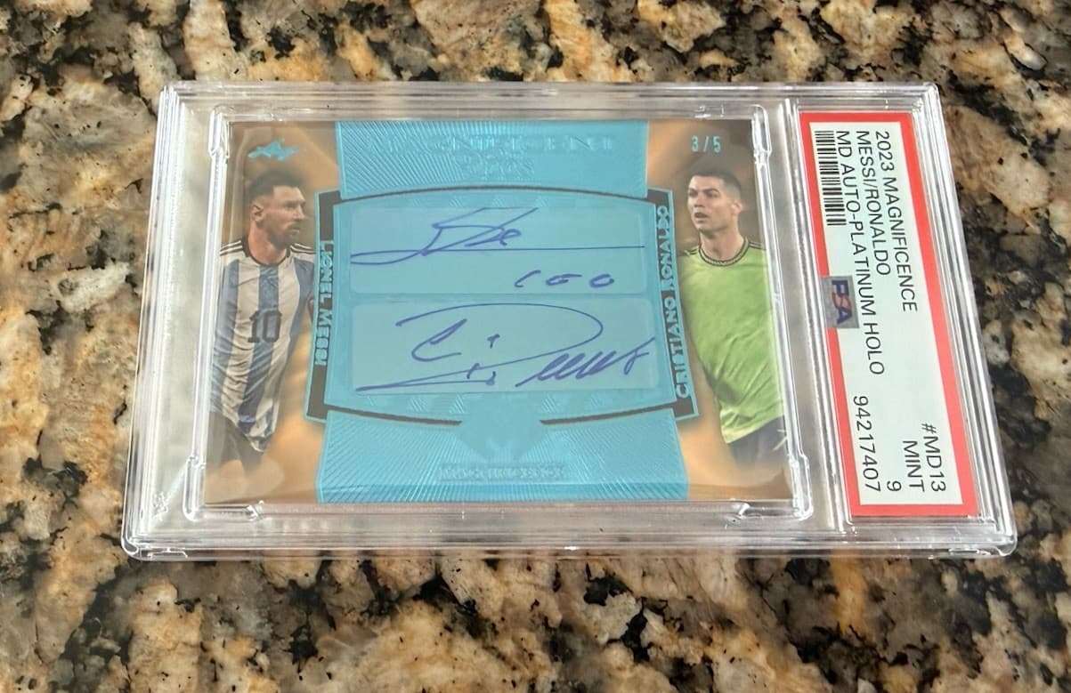 2023 Leaf MAGNIFICENCE #MD13 Ronaldo / Messi AUTO PLATINUM HOLO PSA 9 MT 3 Of 5