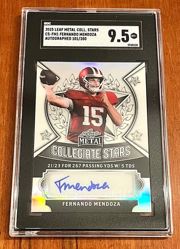 2025 FERNANDO MENDOZA RC AUTO SGC 9.5 LEAF METAL COLLEGE STAR SERIAL # /200  