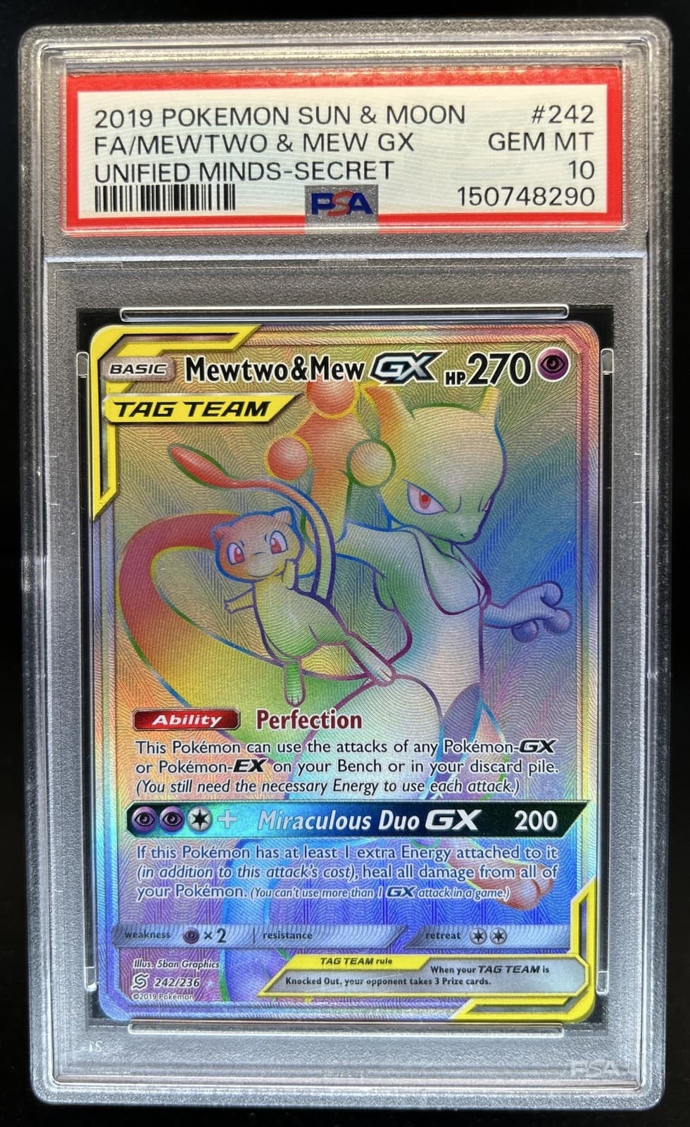 2019 Pokemon Sun & Moon Unified Minds Mewtwo Mew Tag Team #242/236 PSA 10