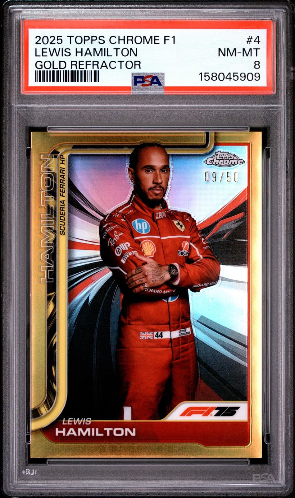 2025 Topps Chrome Formula 1 Gold Refractor  #4 Lewis Hamilton 9/50 Psa 8