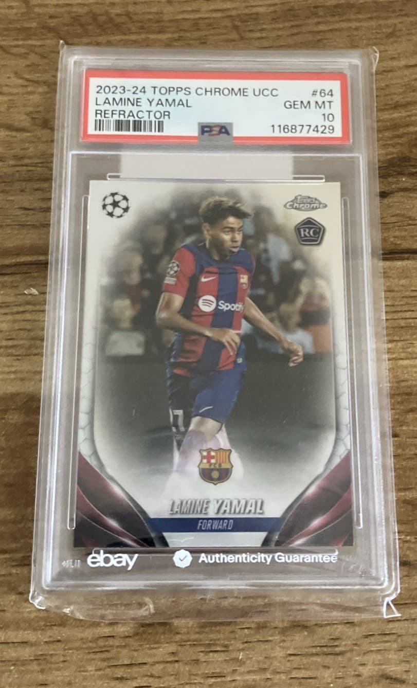 2023-24 TOPPS CHROME UEFA CLUB COMPETITIONS REFRACTOR #64 LAMINE YAMAL RC PSA 10