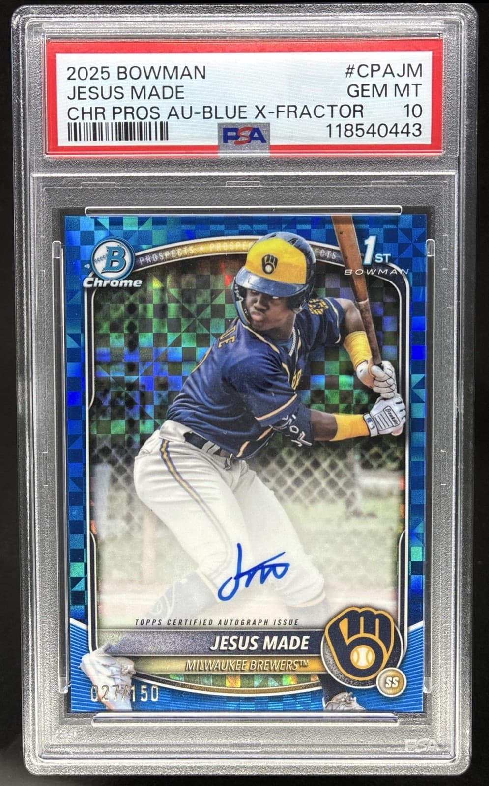 2025 Bowman Jesus Made Chrome Auto Refractor Blue X-Fractor 1st #/150 PSA 10