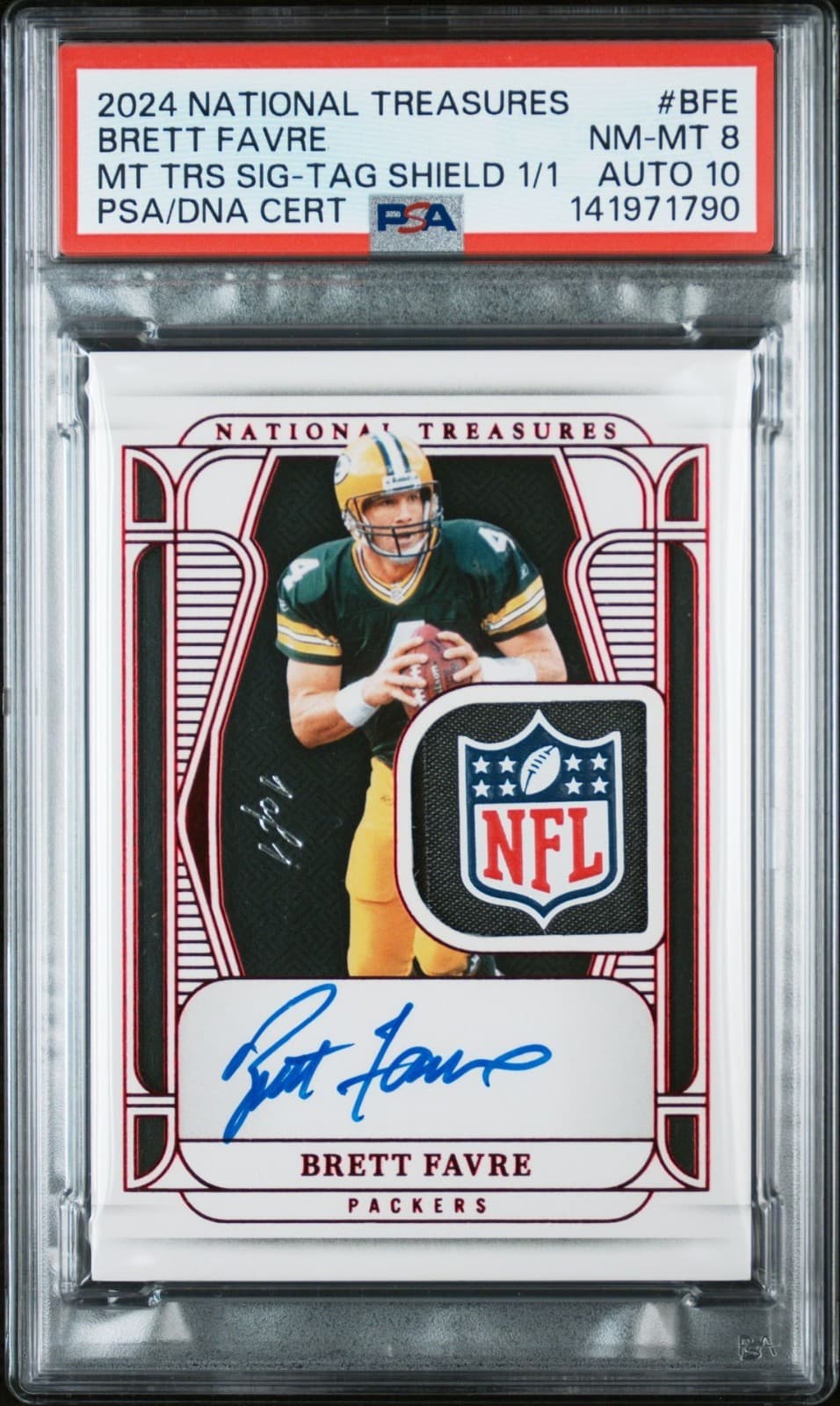 Brett Farve 2024 National Treasures NFL Shield Auto 1/1
