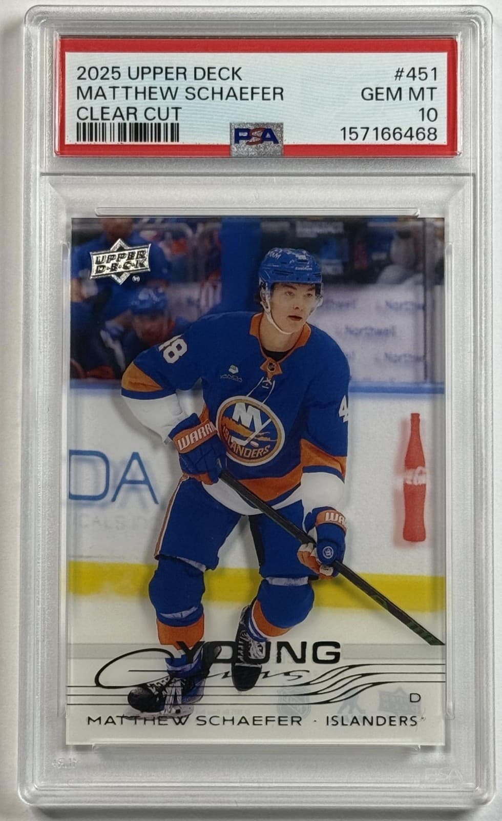 MATTHEW SCHAEFER PSA 10 2025-26 UPPER DECK S2 #451 YOUNG GUNS CLEAR CUT RC SP