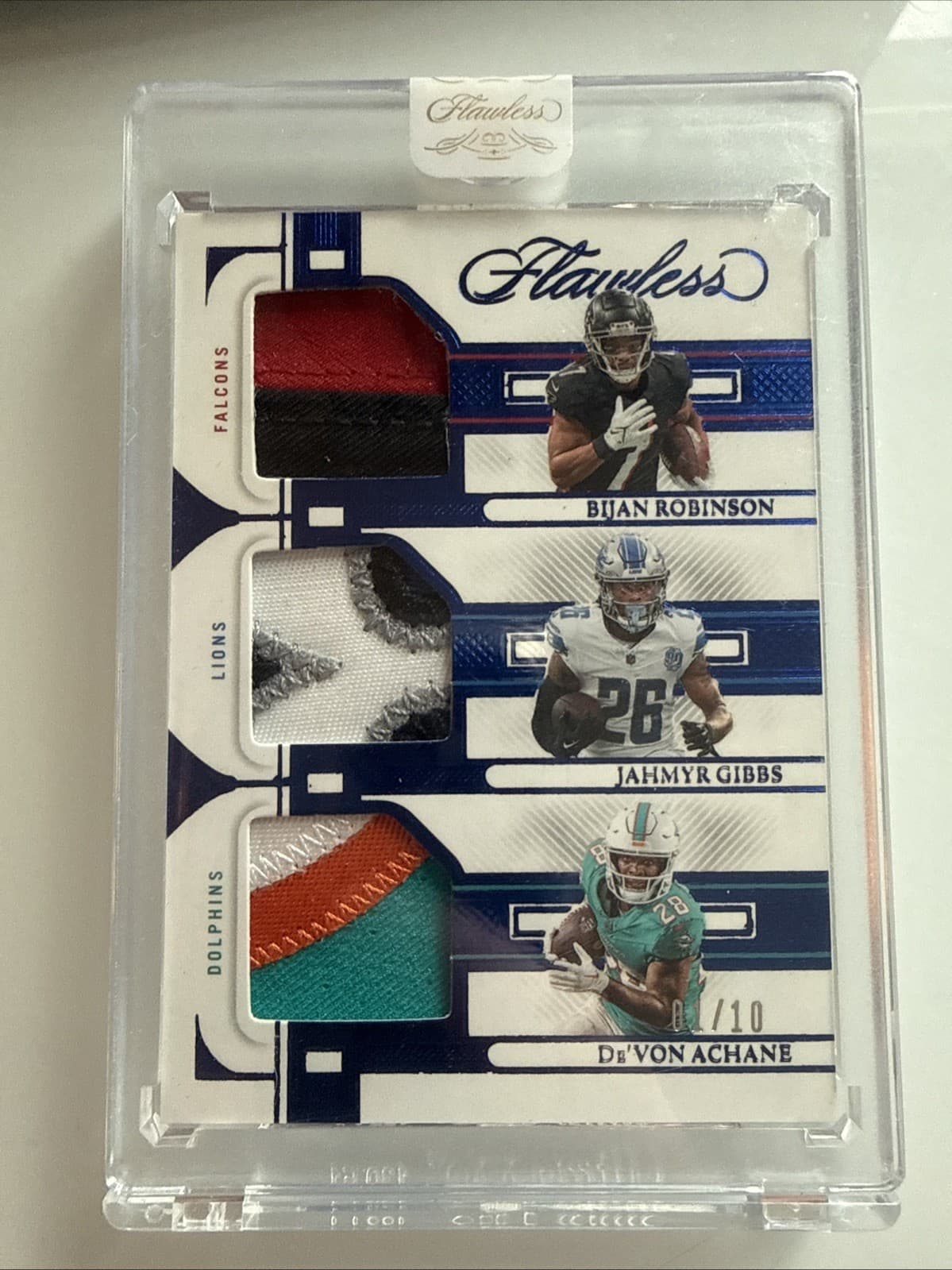 2023 Panini Flawless Triple Patches Jahmyr Gibbs, Bijan Robinson, Achane /10 