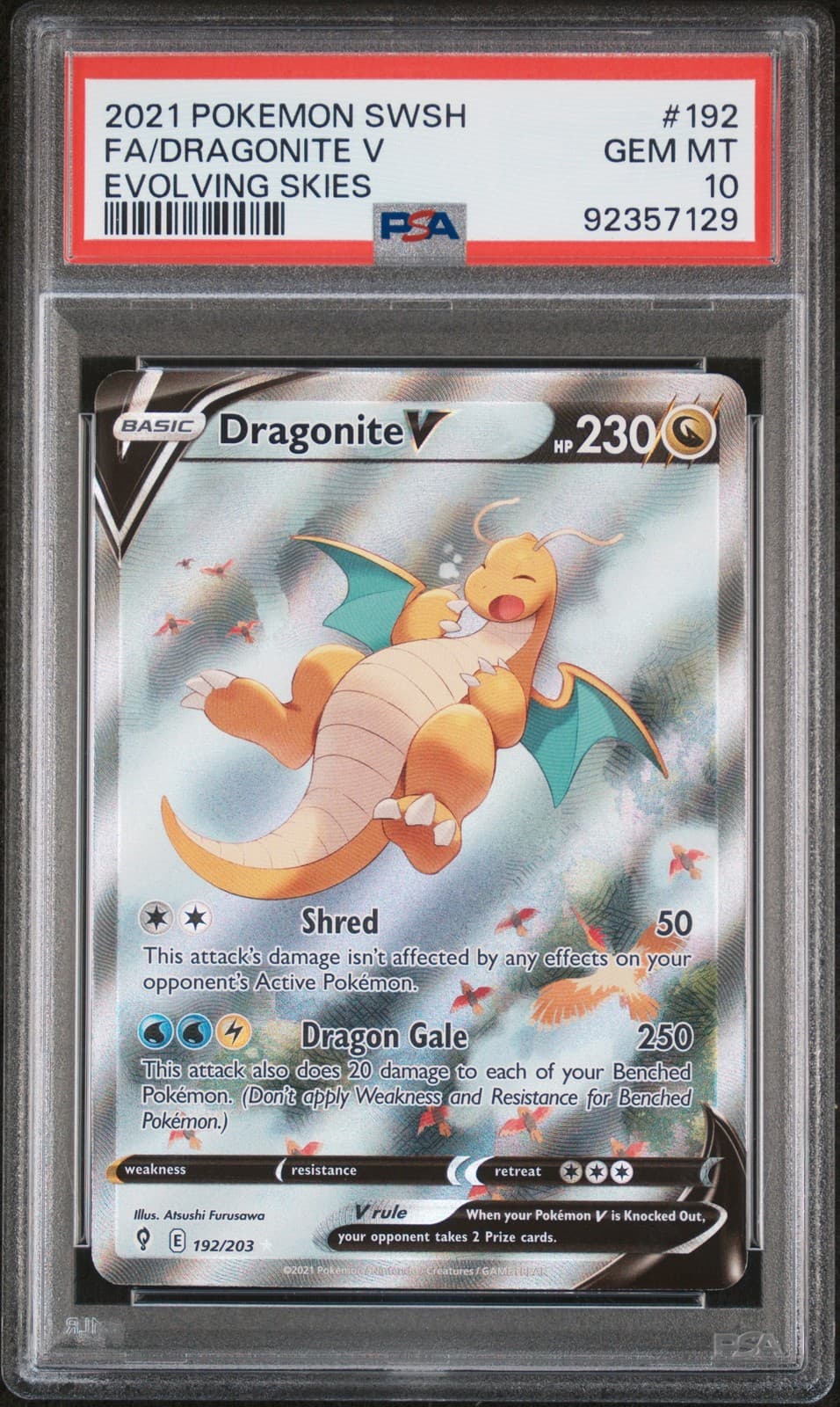 2021 POKEMON SWORD & SHIELD EVOLVING SKIES #192 FA/DRAGONITE V PSA 10