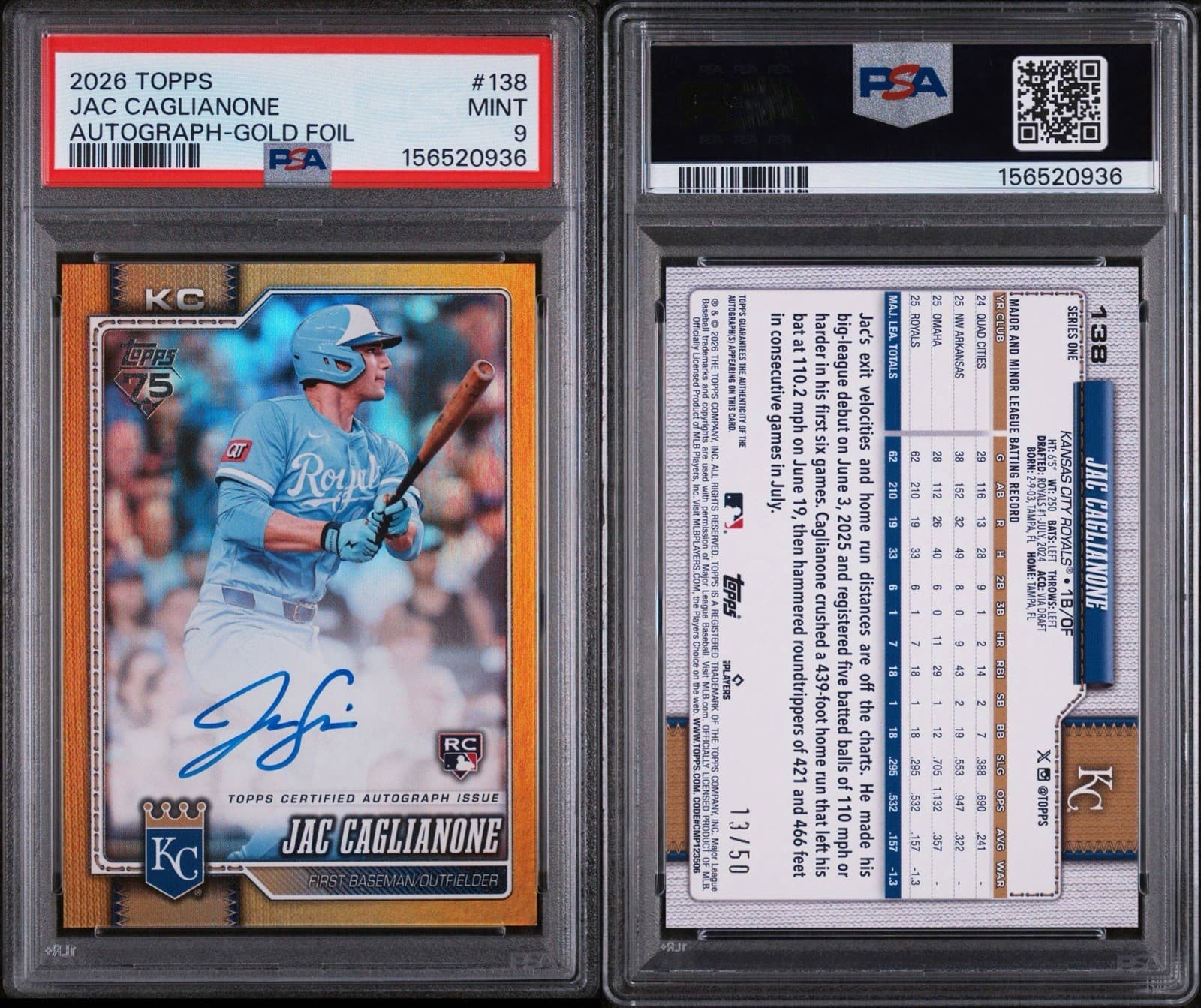 2026 TOPPS SERIES 1  REAL ONE AUTO Jac Caglianone Auto Gold /50 ROOKIE PSA 9