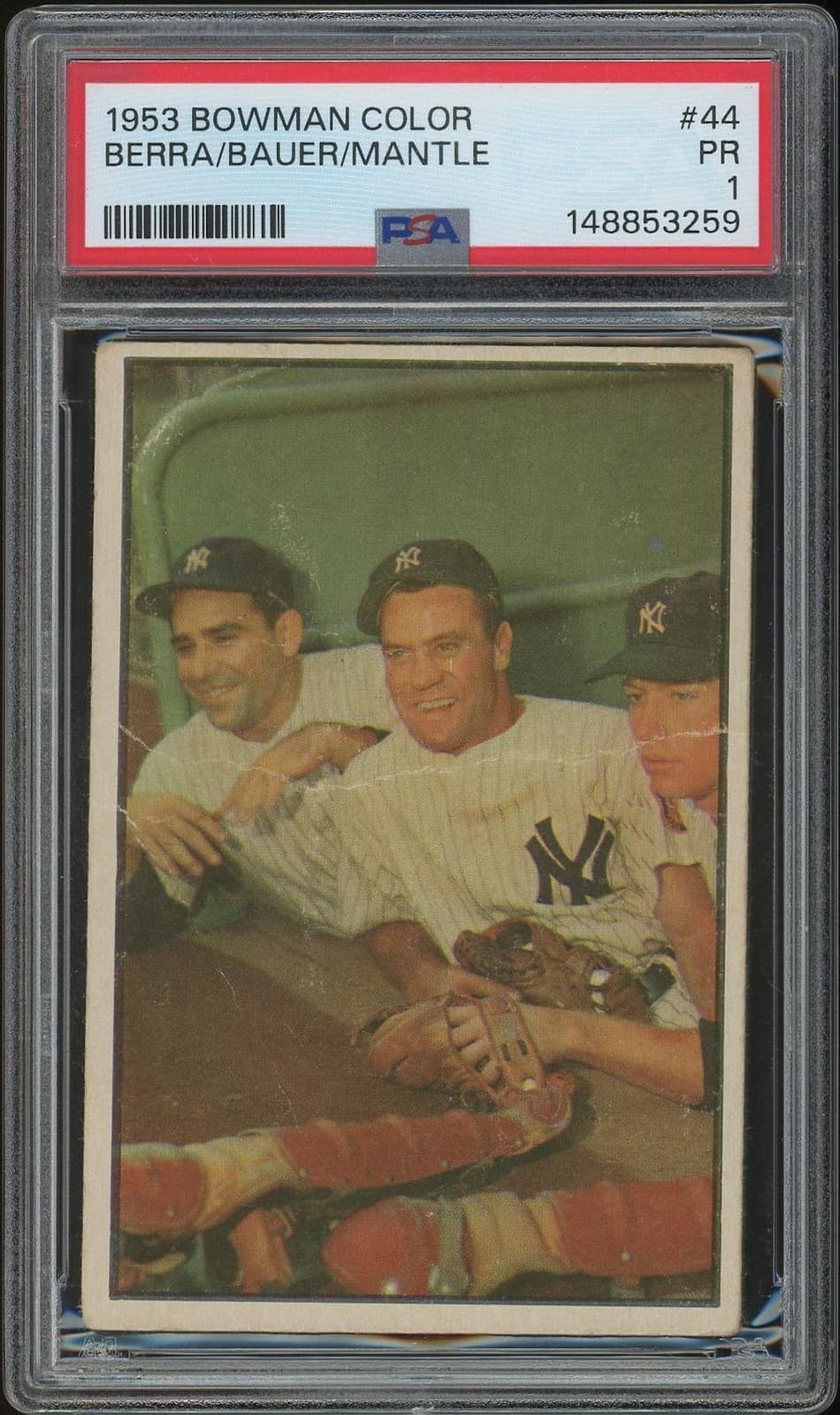 1953 Bowman Color Baseball #44 Yogi Berra Hank Bauer Mickey Mantle PSA 1 (PR)