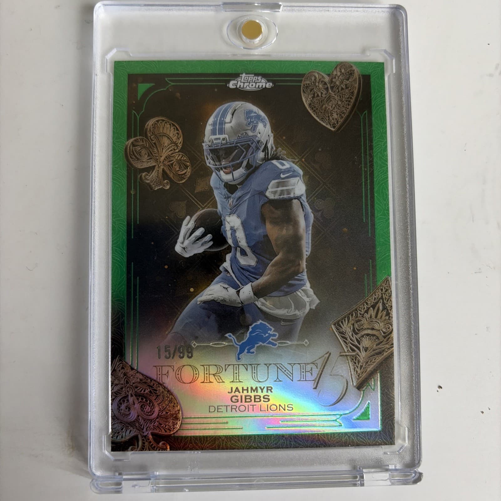 2025 Topps Chrome Football Fortune 15 - Jahmyr Gibbs - Detroit Lions /99 Green