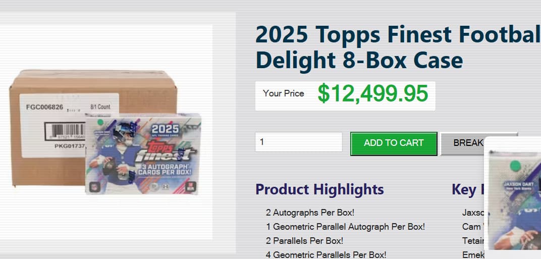 2025 Topps Finest Football Breaker's Delight Case Hobby (8 Boxes) Factory Sealed