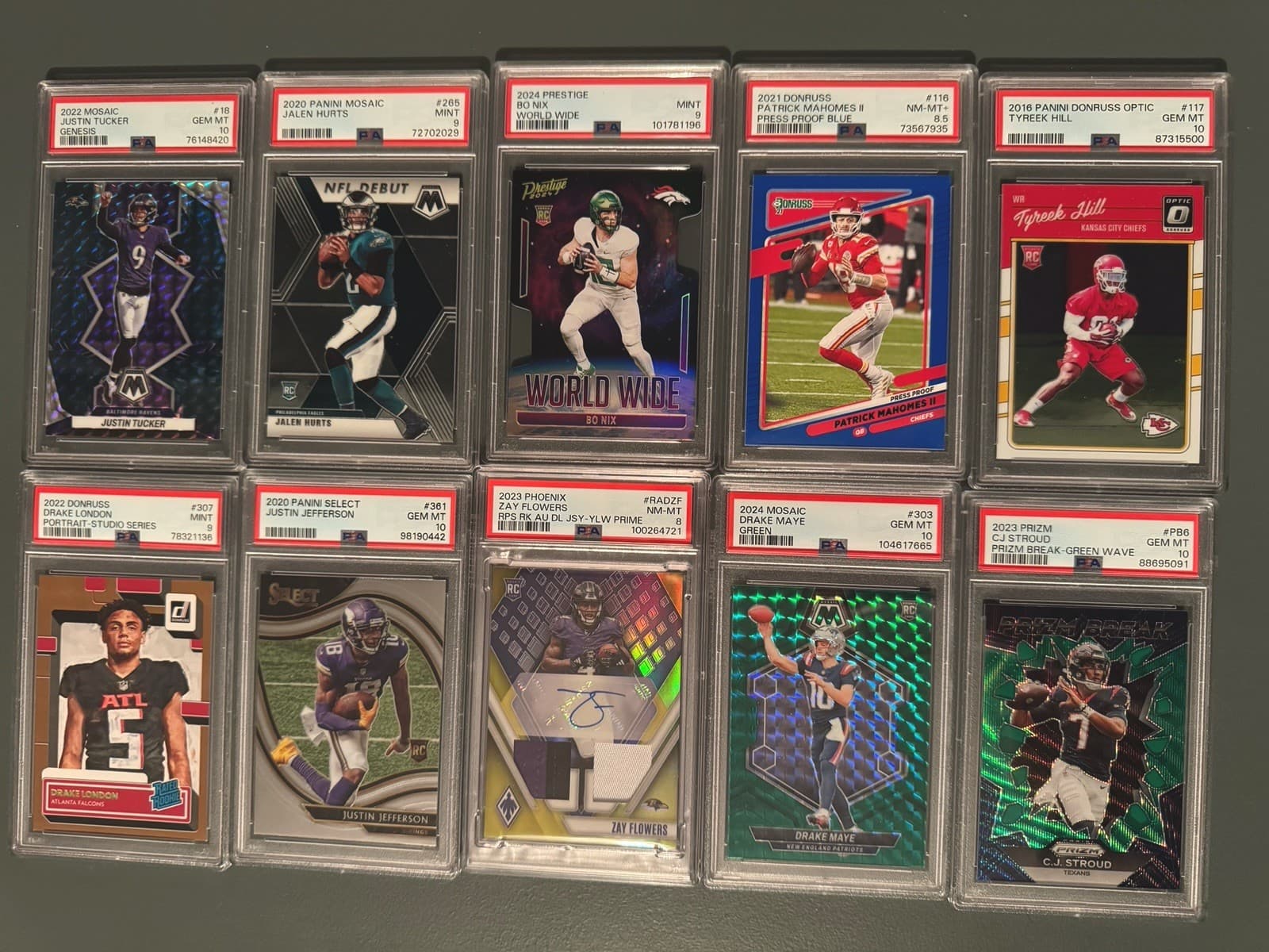 10 Card NFL PSA Graded Lot - Patrick Mahomes, Bo Nix, Drake Maye - RC AUTO PSA10