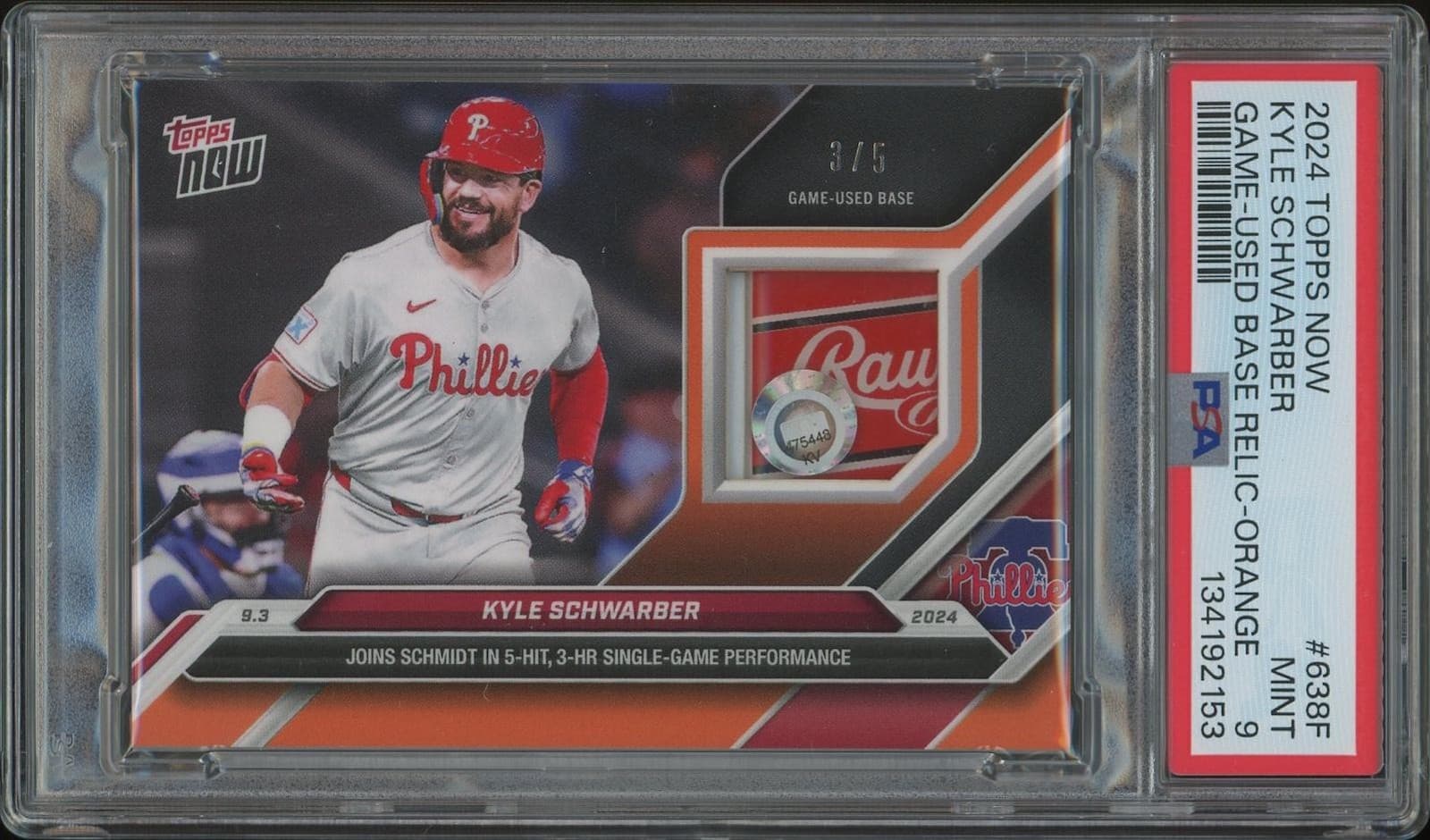 2024 Topps Now #638F Kyle Schwarber Orange Game-Used Base Relic #3/5 PSA 9