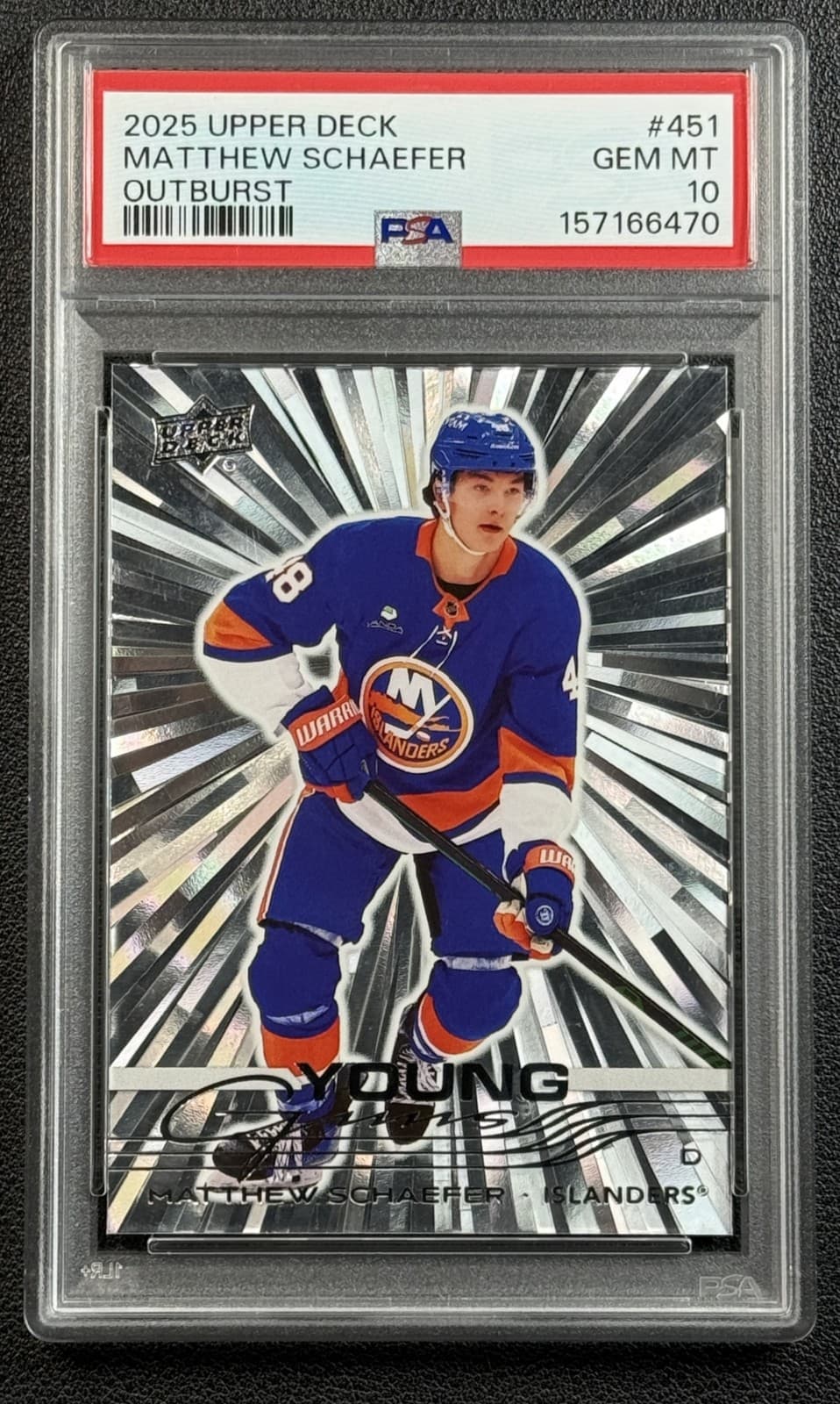 MATTHEW SCHAEFER PSA 10 2025-26 UPPER DECK S2 #451 YOUNG GUNS OUTBURST SILVER RC