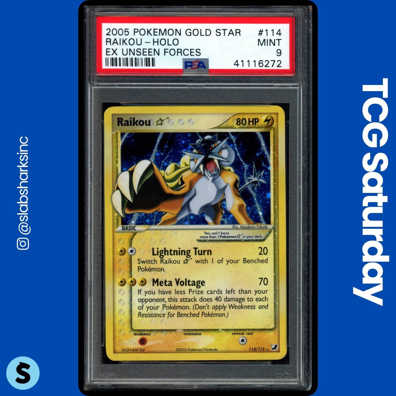 2005 POKEMON GOLD STAR EX UNSEEN FORCES #114/115 RAIKOU HOLO PSA 9