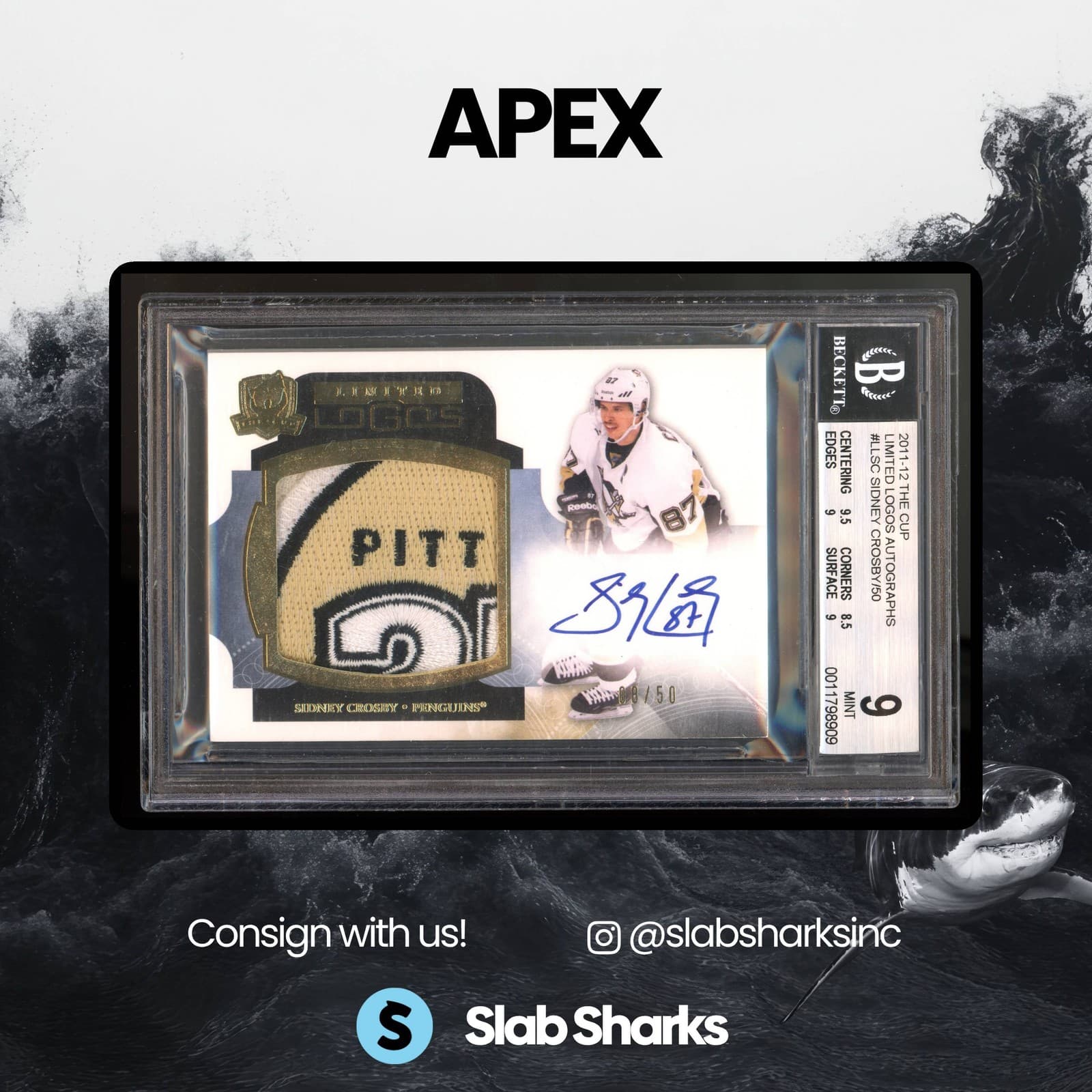 2011 UPPER DECK THE CUP #LL-SC SIDNEY CROSBY LIMITED LOGOS PATCH AUTO /50 BGS 9