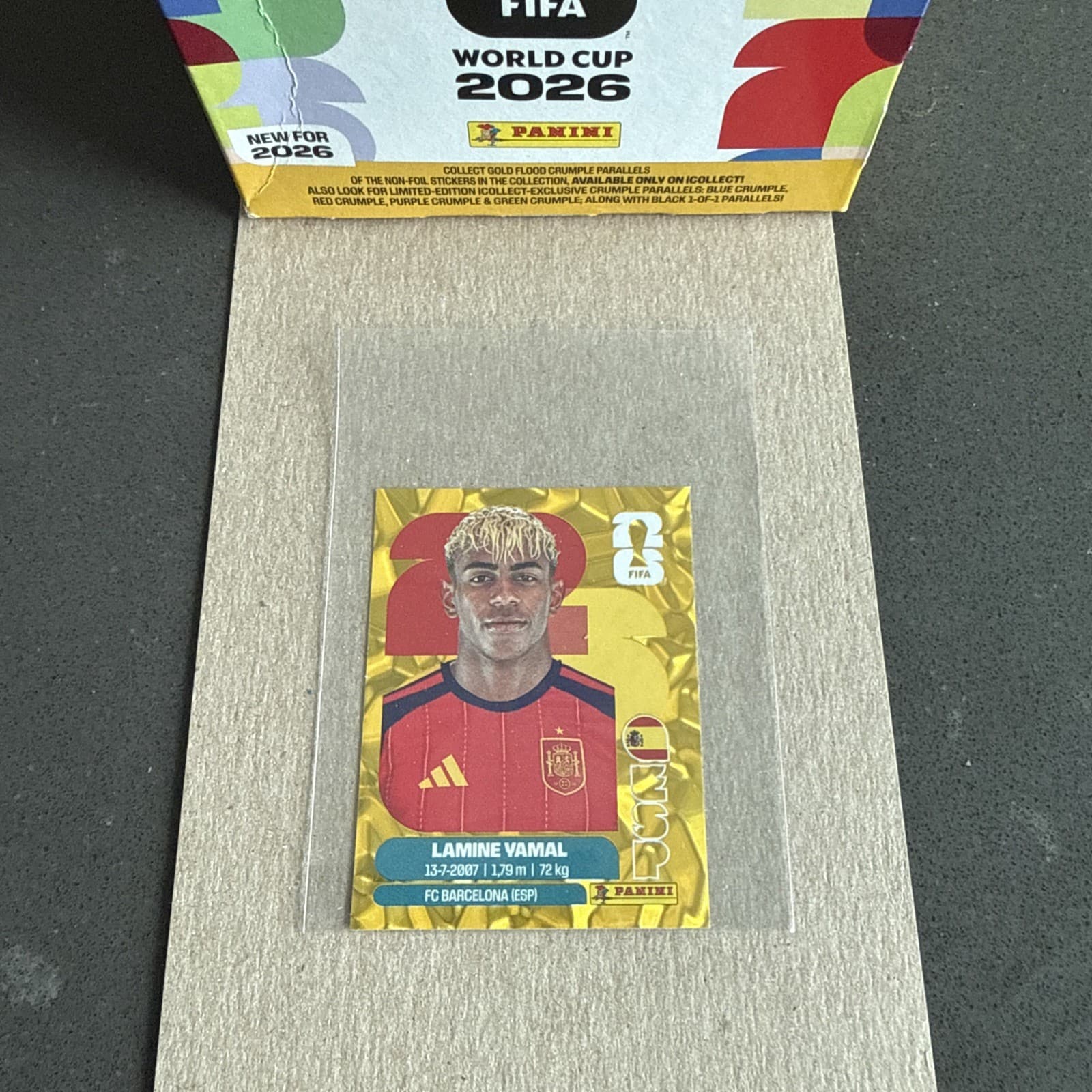 2026 Panini World Cup Sticker ESP15 Lamine Yamal Gold Flood Crumple Debut Rookie