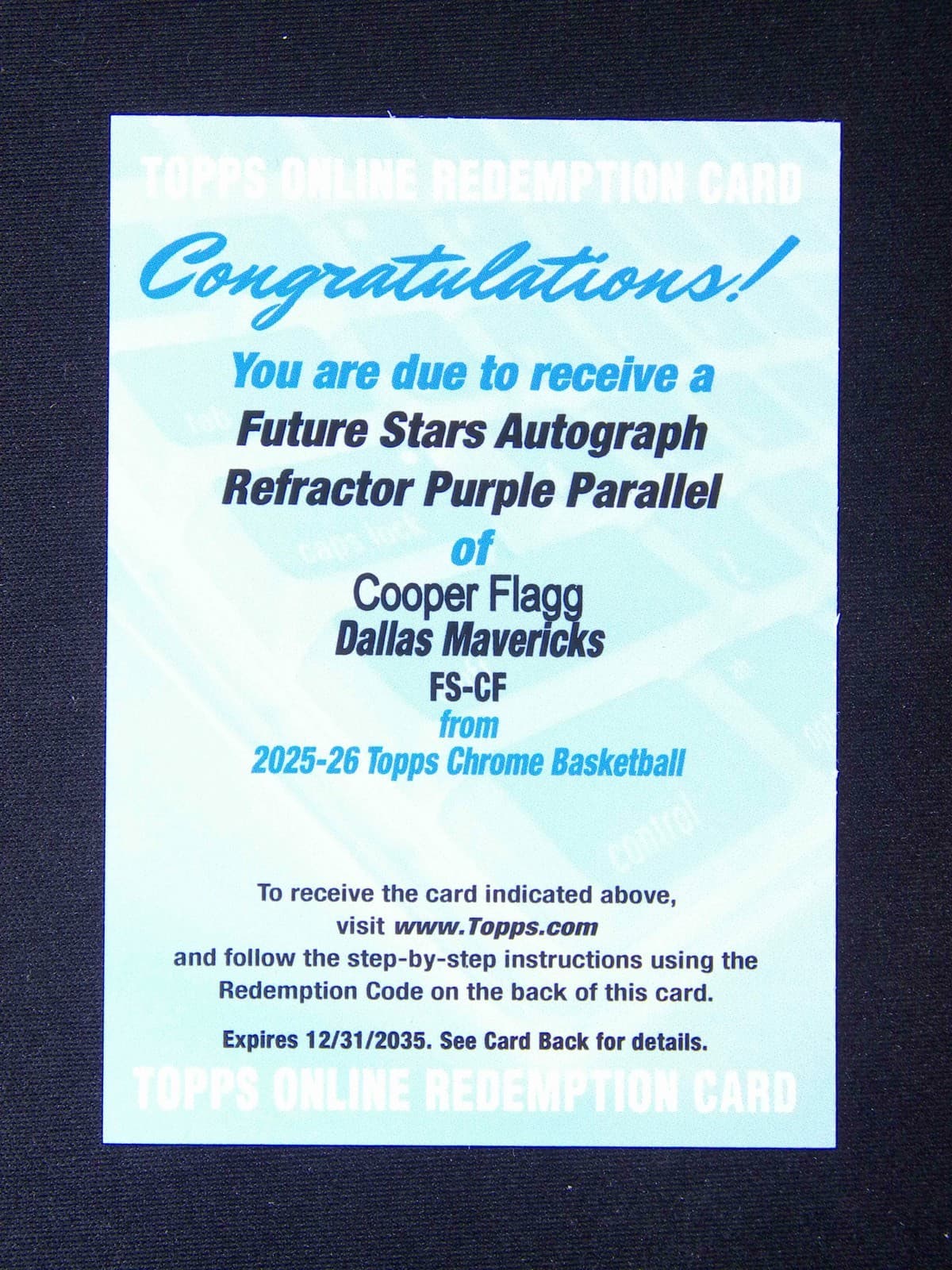 2025-26 Topps Chrome Cooper Flagg Rookie Future Stars Auto Purple Refractor /75