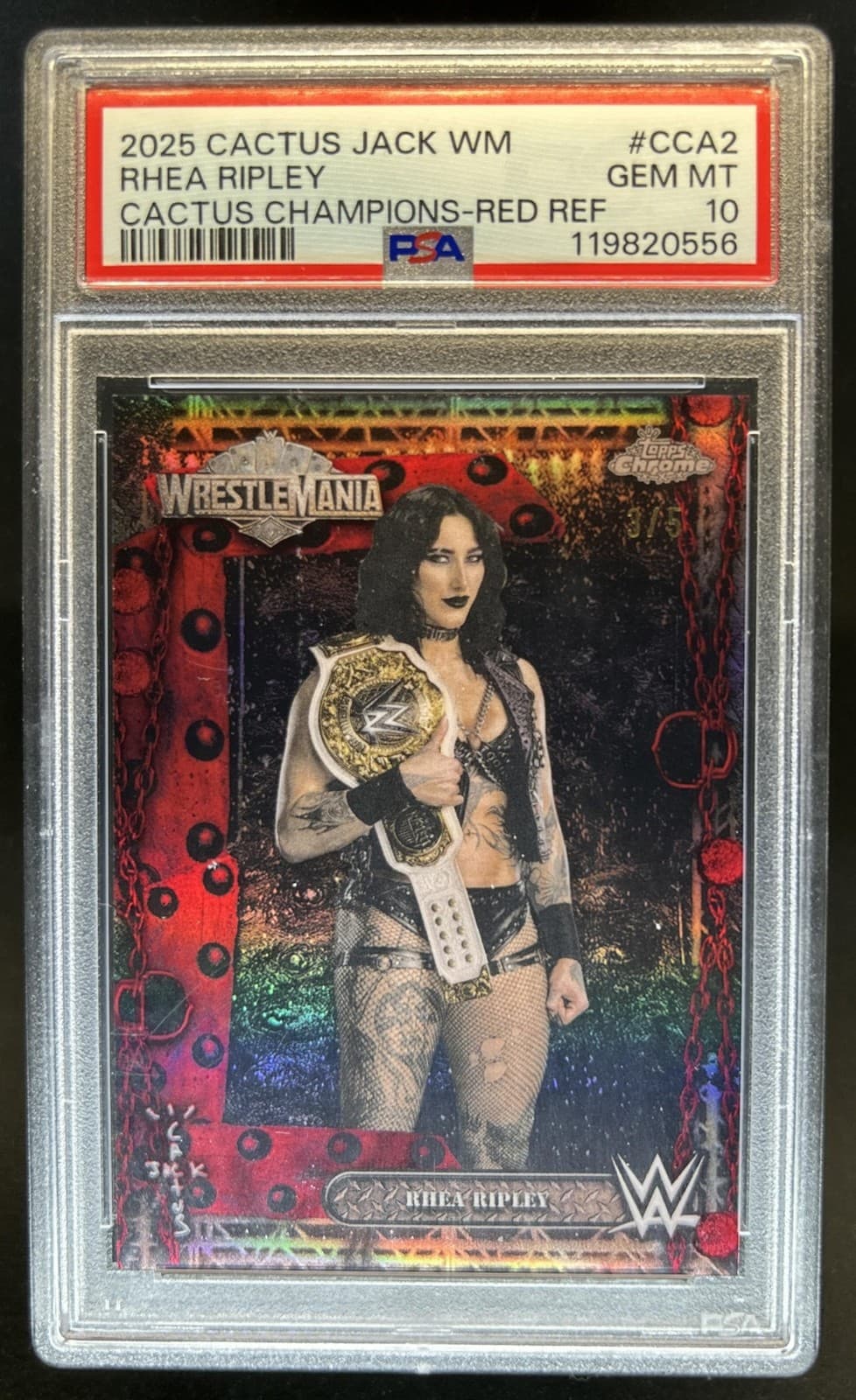 2025 Topps Chrome WWE Cactus Jack Rhea Ripley Champions Red #/5 PSA 10