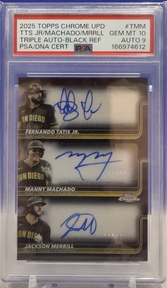 Topps 2025 Chrome Update San Diego Tatis/Machado/Merrill Triple Auto /10 PSA 10