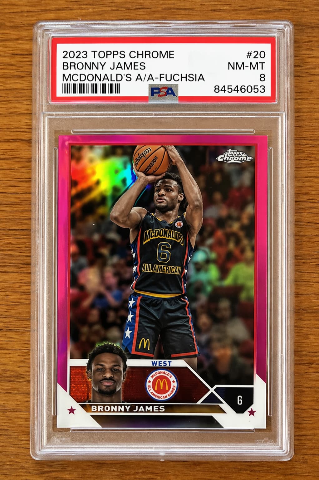 2023 Topps Chrome Bronny James McDonald's A/A Fuchsia Pop 1! PSA 8