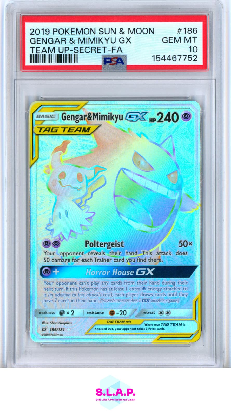 Gengar & Mimikyu Gx Pokemon Team Up-Secret-Fa Sun & Moon 2019 186 Psa 10