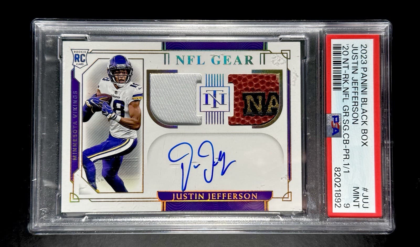 Panini 2020 National Treasures Justin Jefferson Vikings RC Auto Patch PSA 9 1/1
