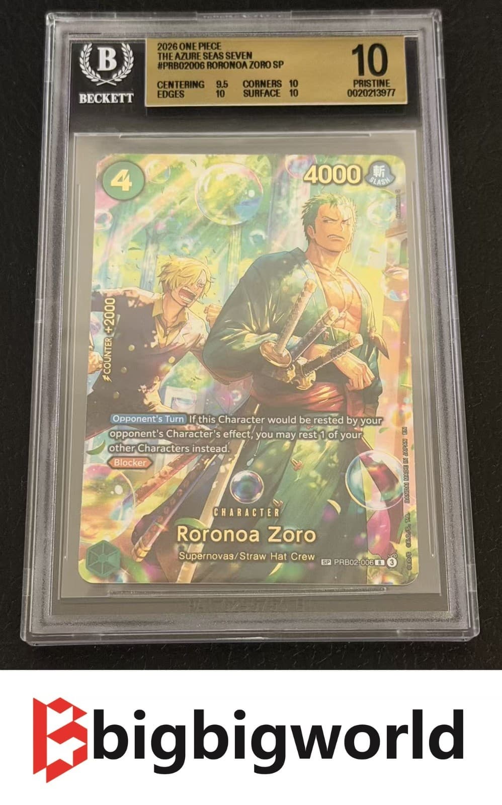 One Piece Card Game Roronoa Zoro PRB02-006 The Azure Seas Seven SP BGS10