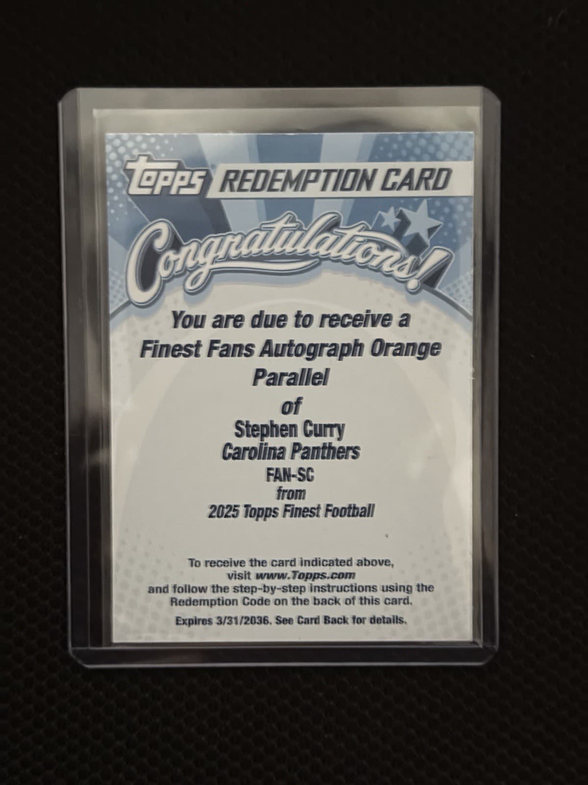 2025 Topps Finest Football Stephen Curry Panthers FAN-SC Orange Auto Redemption