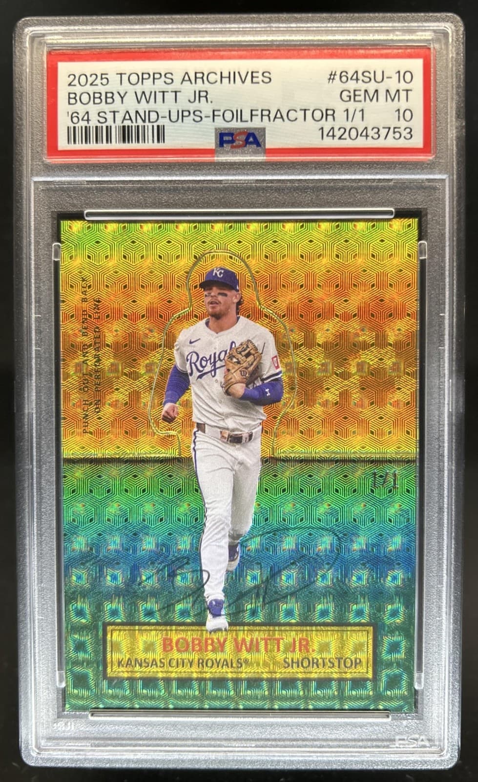2025 Topps Archives Bobby Witt Jr. 1964 Topp Stand Ups FoilFractor #1/1 PSA 10