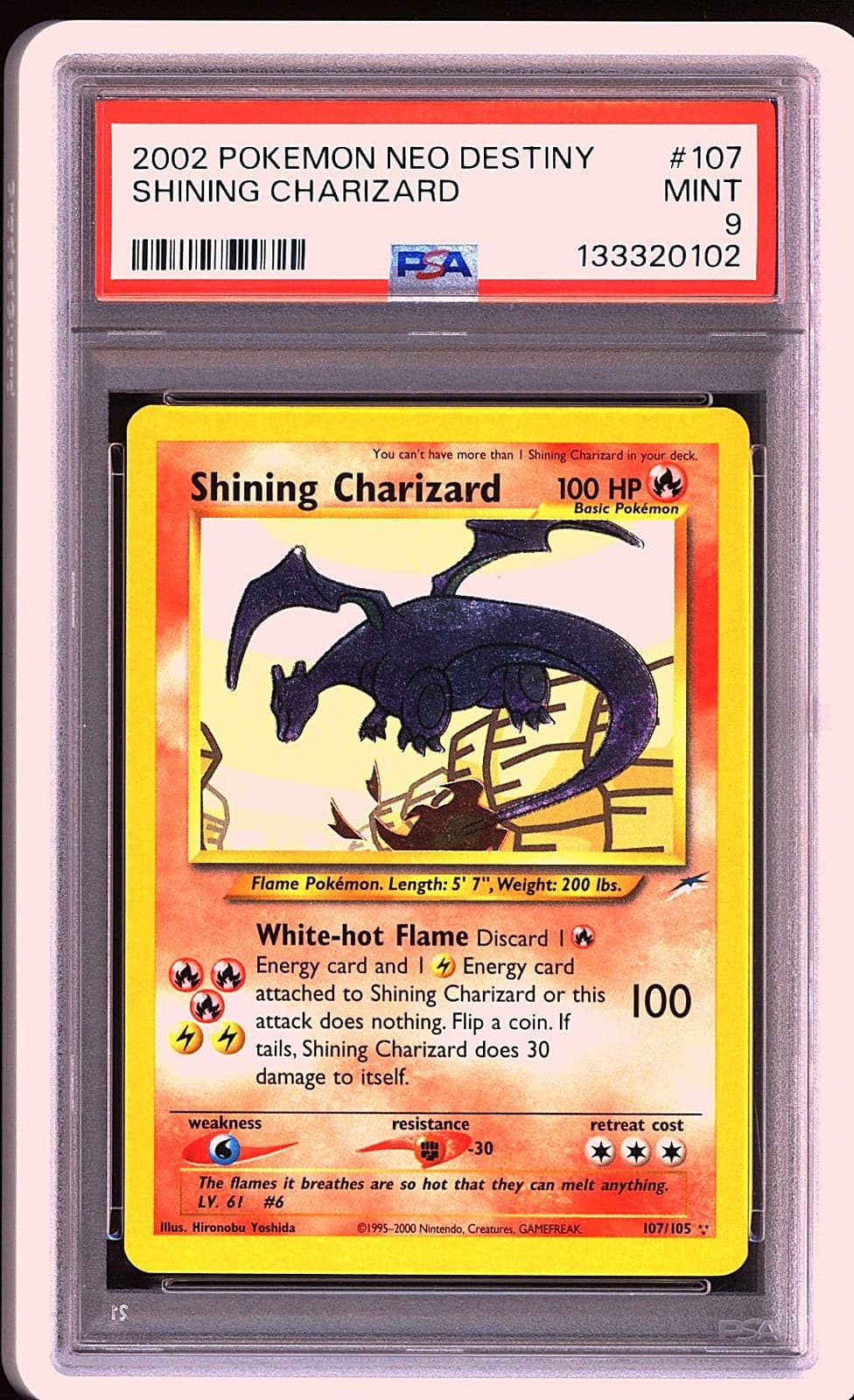 Pokemon 2002 Shining Charizard 107/105 Holo Neo Destiny PSA 9