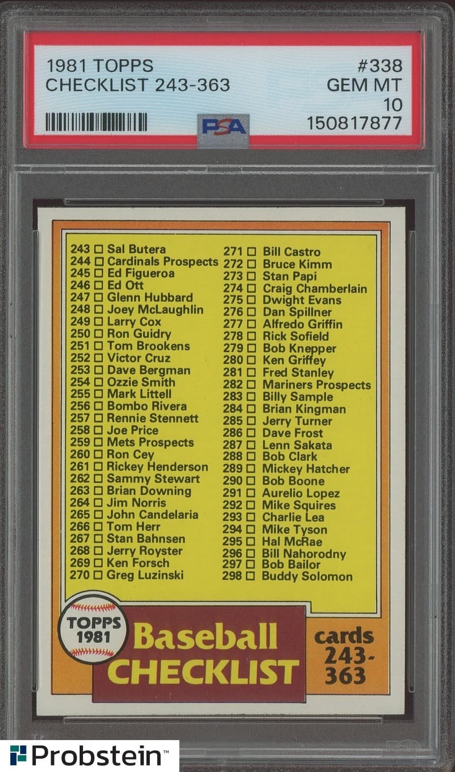 1981 Topps #338 Checklist 243 - 363 PSA 10 GEM MINT