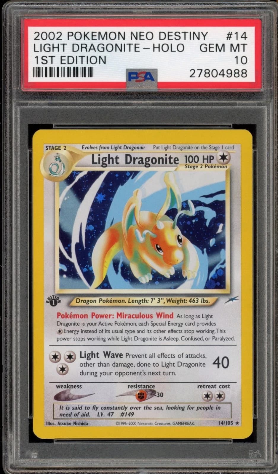 2002 Pokemon Neo Destiny Light Dragonite 1st Edition #14 Holo Card - PSA 10