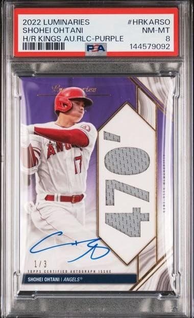 2022 Topps Luminaries Shohei Ohtani Home Run Kings Purple Patch Auto /3 PSA 8