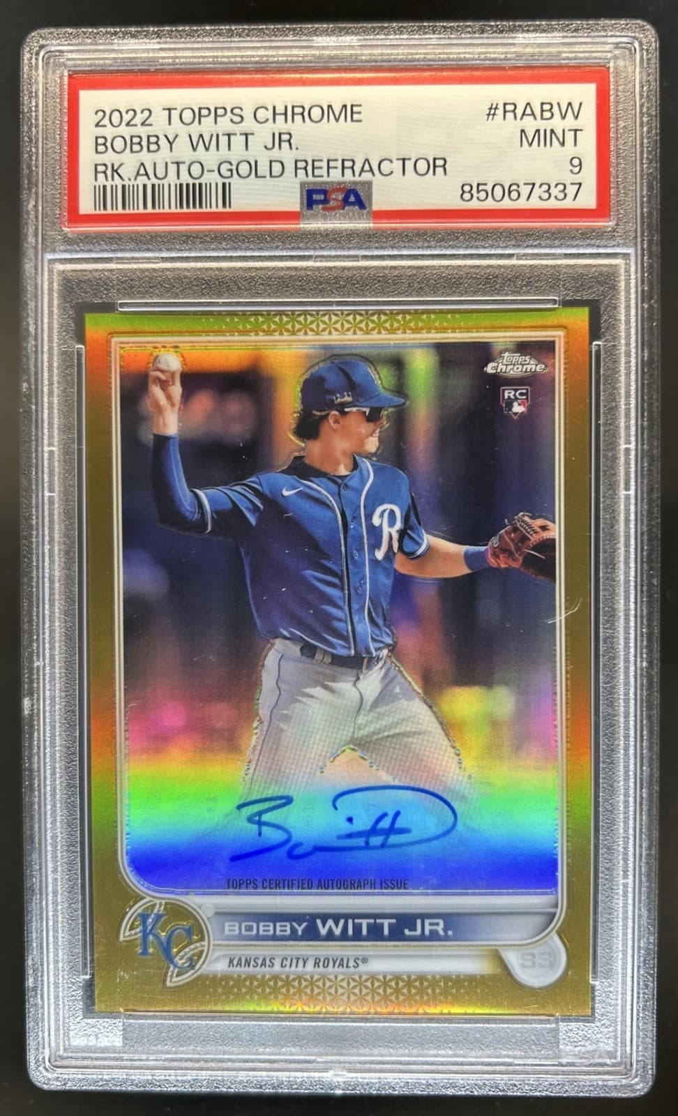 2022 Topps Chrome Bobby Witt Jr. Rookie Auto RC Gold Refractor #/50 Royals PSA 9