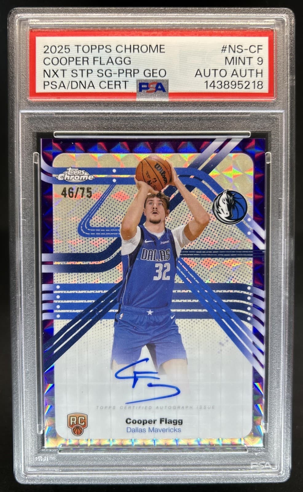 2025-26 Topps Chrome Cooper Flagg Next Stop Geometric Purple RC Auto #/75 PSA 9