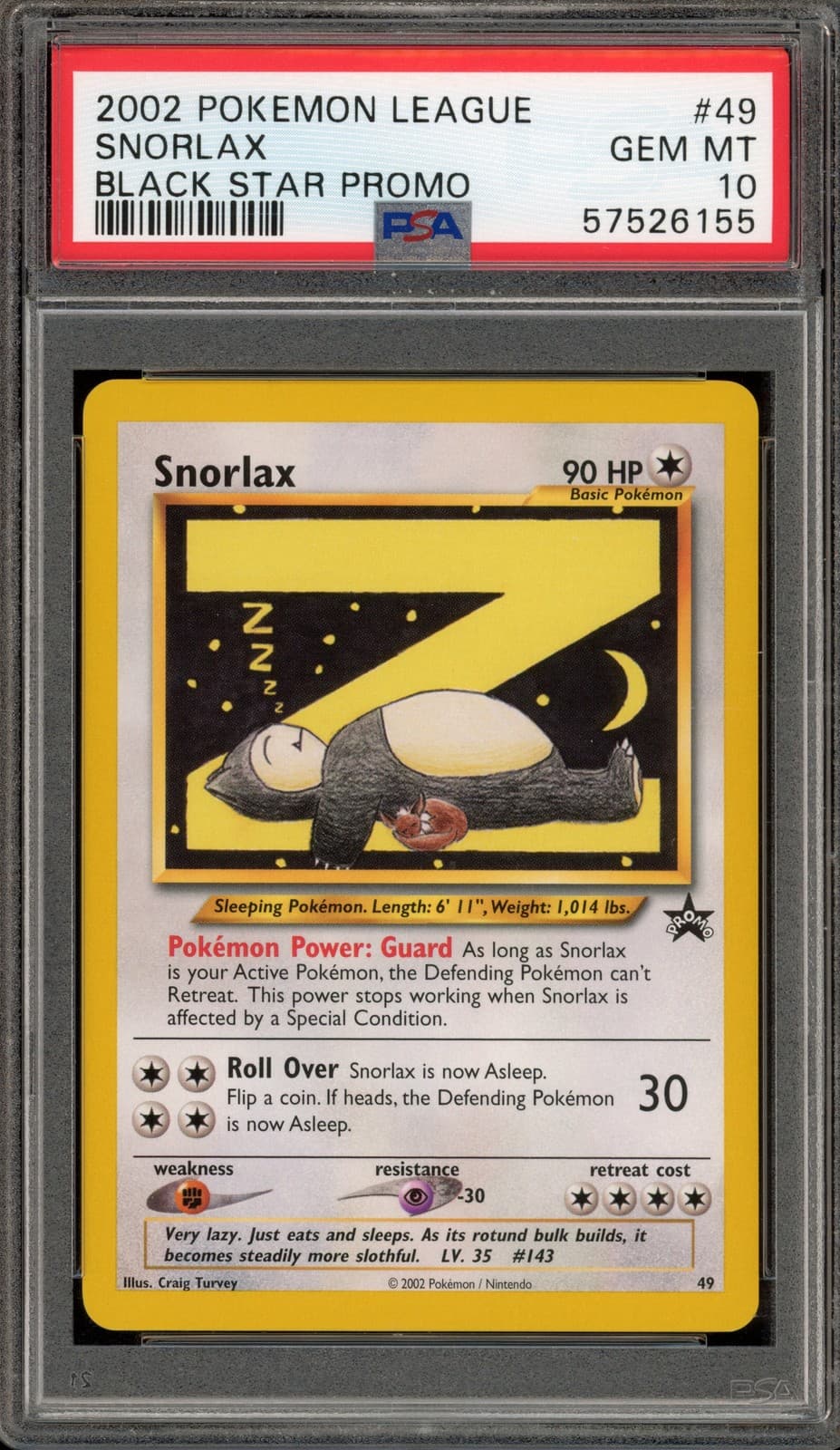 Pokemon Snorlax Pokemon League Black Star Promo #49 PSA 10 Gem Mint
