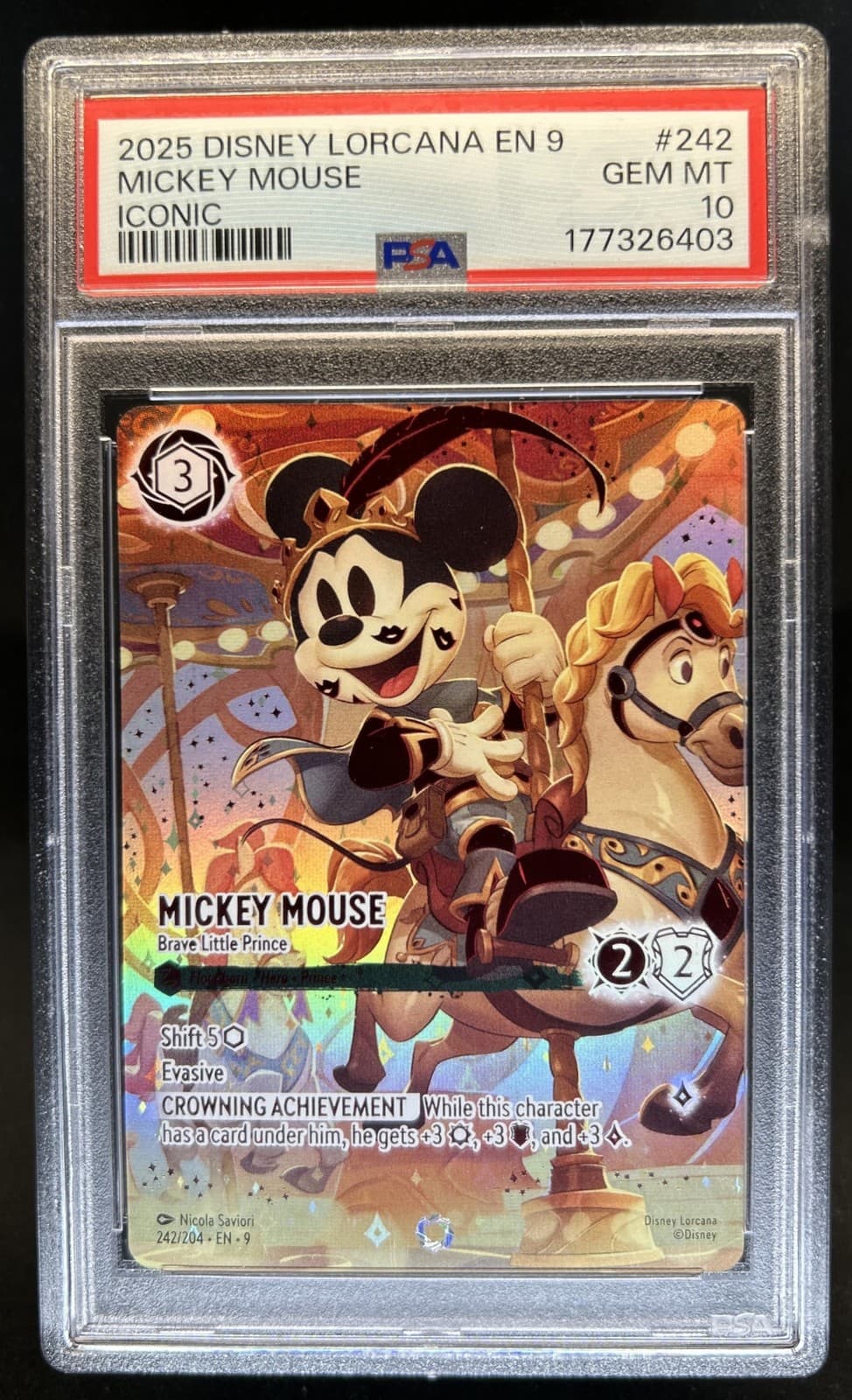 2025 Disney Lorcana Fabled Mickey Mouse Brave Little Prince Icon #242/204 PSA 10