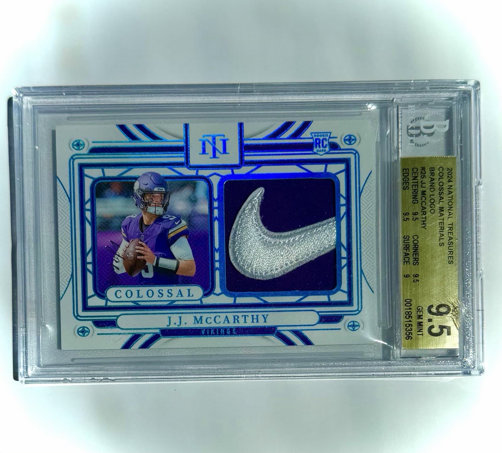 Panini 2024 National Treasures J.J. McCarthy Colossal Materials 1/1 RC BGS 9.5