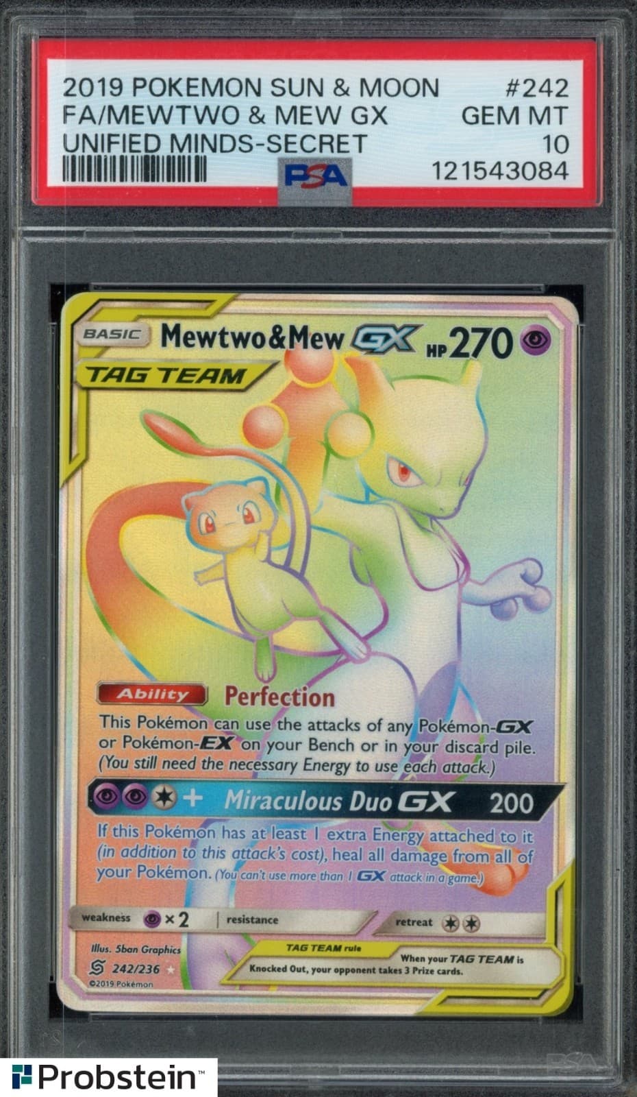 2019 Pokemon Sun & Moon Unified Minds Secret #242 FA/Mewtwo &Mew GX PSA 10