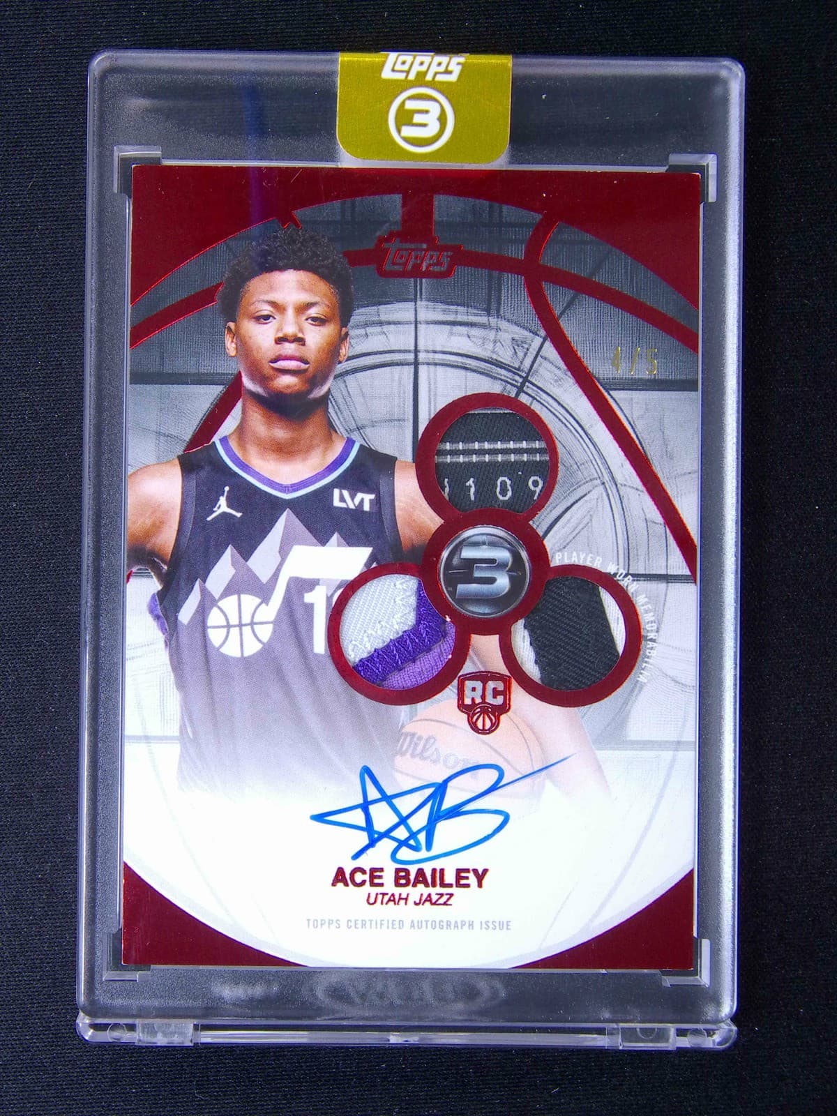 2025-26 Topps Three (3) Ace Bailey RC Rookie Tag 3 Patch Auto RPA Red /5